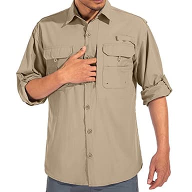 linlon Mens Safari Shirts Long Sleeve UV Protection Hiking Fishing UPF 50+ Quick Dry Cooling Camping Travel Shirts#5066-Khaki-XL - Image 2