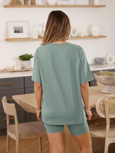AUTOMET Womens Summer Outfits for 2025 2 Piece Sets Two Piece Lounge Set Matching Clothing Oversized Tshirts Biker Short Fashion LightGreen L - Image 5