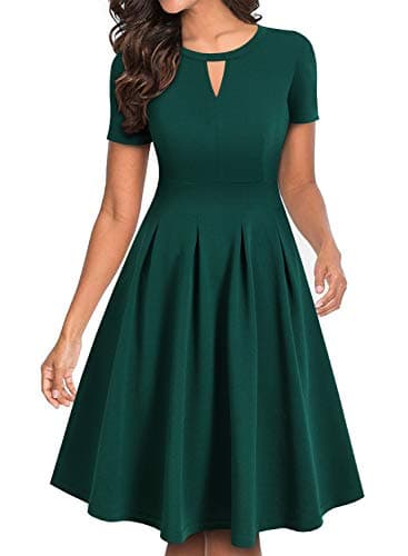 YATHON Women's Vintage Floral Flared A-Line Swing Casual Party Dresses with Pockets (S, YT018-Dark Green Solid) - Image 1