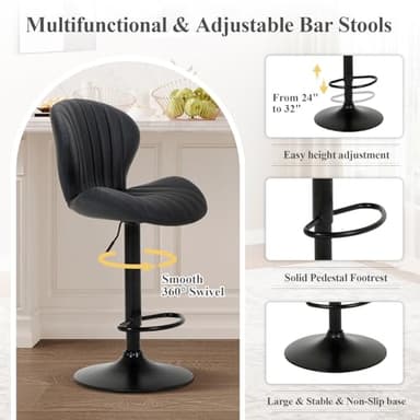 COLAMY Bar Stools Set of 3, Modern Swivel Bar Chairs, Adjustable Faux Leather Upholstered Barstools Counter Height with High Backrest for Bar, Kitchen Island, Dining Room, Black - Image 4