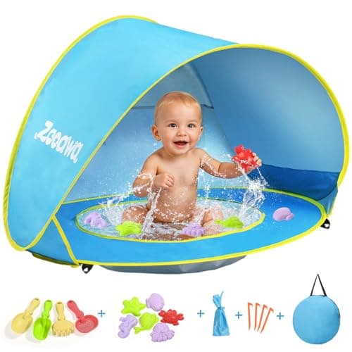 Zooawa Baby Beach Tent, Pop Up Beach Tent Sun Shade for Beach, Portable Shade Pool UV Protection Sun Shelter for Infant with Beach Sand Toys Set, No Pattern, Blue - Image 1