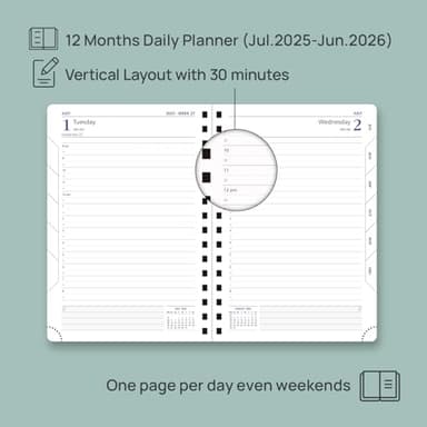 POPRUN Daily Planner 2025-2026 One Page per Day (6'' x 8.5'') with Spiral Bound Leather Soft Cover, Academic Year Appointment Book (Jul.2025 - Jun.2026) with Hourly Slots, Inner Pocket- Brown - Image 3