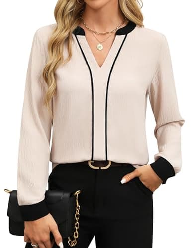 Fayenne Womens Long Sleeve Tops Dressy Casual V Neck Color Block Business Casual Outfits Work Blouses Office Shirts Apricot - Image 1
