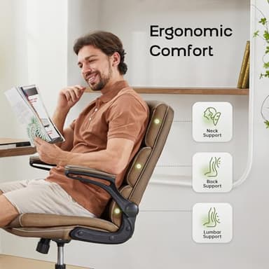 Office Chair Adjustable Desk Chair Mid Back Executive Comfortable Bonded Leather Ergonomic Back Support Home Computer Chairs with Padded Flip-up Armrest Swivel Wheels (Tan) - Image 4