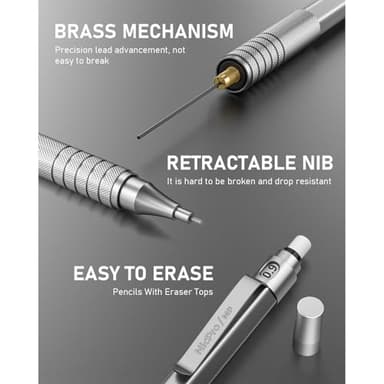 Nicpro 0.9 mm Metal Mechanical Pencil Set with Case, with 3PCS MP1000 0.9mm Drafting Pencil, 8 Tubes HB Lead Refills, 3PCS Eraser, Erasers Refills for Artist Writing, Drawing, Sketching, Silver - Image 9