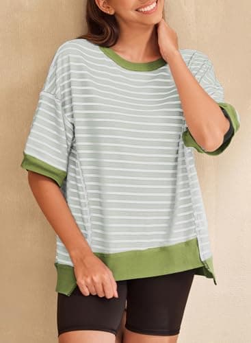 SHEWIN Shirts for Women 2025 Loose Short Sleeve Sweatshirt Cute Womens Summer Tops Dressy Casual Crewneck Color Block Tee Shirt Trendy Spring Outfits Mist Green Stripe XL - Image 3