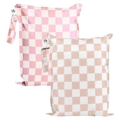 Tiny Twinkle Mess Proof Waterproof Wet Dry Bag | 2-Pack Reusable Wet Bags for Swimsuits & Baby Clothes | Leakproof Wet Bag for Travel & Diaper Changes for Baby (Pink, Brown Checkers) - Image 1