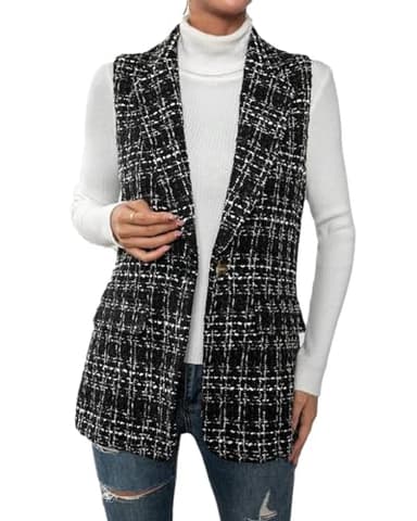 Mina Self Tweed Blazers for Women Sleeveless Tweed Plaid Vest White Vests Blazers for Business Casual Fashion Fall Winter Clothes for 2025 P/HS-M - Image 2
