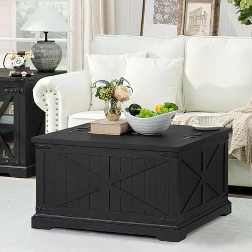 Joaxswe Farmhouse Coffee Table with Large Hidden Storage Compartment, Rustic Black Square Center Table, Wood Low Farm House Modern Living Room Tables with Hinged Lift Top & Wooden Arc Base - Image 1