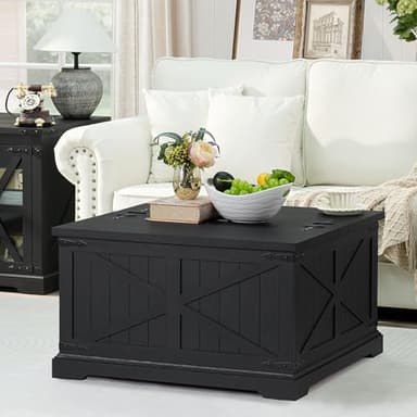 Joaxswe Farmhouse Coffee Table with Large Hidden Storage Compartment, Rustic Black Square Center Table, Wood Low Farm House Modern Living Room Tables with Hinged Lift Top & Wooden Arc Base - Image 1