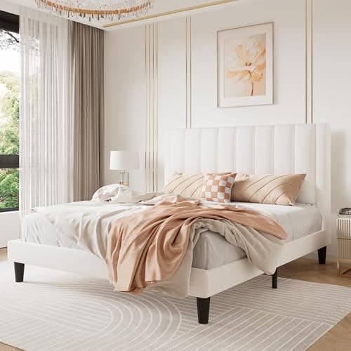 SHA CERLIN Queen Bed Frame/Velvet Upholstered Platform Bed Frame with Headboard/Strong Wood Slats Support/Mattress Foundation/No Box Spring Needed/Easy Assembly/White - Image 1