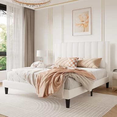 SHA CERLIN Queen Bed Frame/Velvet Upholstered Platform Bed Frame with Headboard/Strong Wood Slats Support/Mattress Foundation/No Box Spring Needed/Easy Assembly/White - Image 1