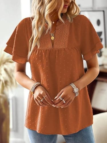 Falechay Plus Size Tops for Women Dressy Casual Short Sleeves Western Womens Blouses V Neck Ruffle Sleeve Summer Shirts Business Cute Swiss Dot Boho Top Bohemian Flowy Shirt Caramel 4XL - Image 5
