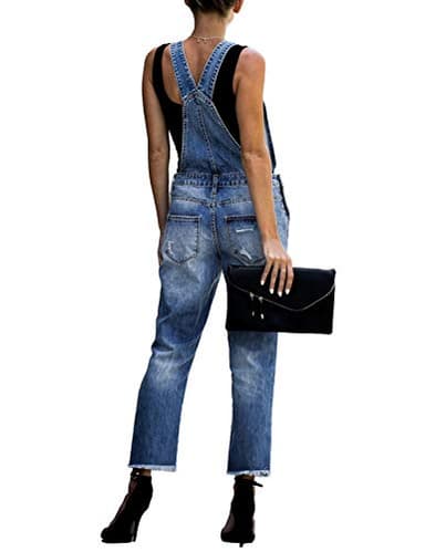 luvamia Women's Casual Distressed Adjustable Denim Bib Overalls Jeans Pants Jumpsuits Denim Blue Size Large - Image 2