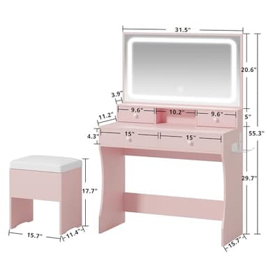 LIKIMIO Makeup Vanity Desk with Mirror and Lights, Pink Makeup Vanity Table Set with Stool Drawers, Power Socket, Dressing Table with 3 Lighting Colors, Vanities for Bedrooms - Image 3