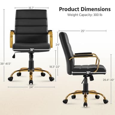 Yaheetech Mid-Back Office Chair PU Leather Desk Chair Adjustable Executive Task Chair w/Lumber Support Gold Leg Black Seat - Image 3