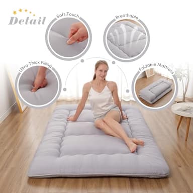 Zelladorra Japanese Floor Mattress, Futon Mattress with Storage Bag and Washable Cover, Roll Up Tatami Mat Suitable for Guest Room, Grey, Queen - Image 4