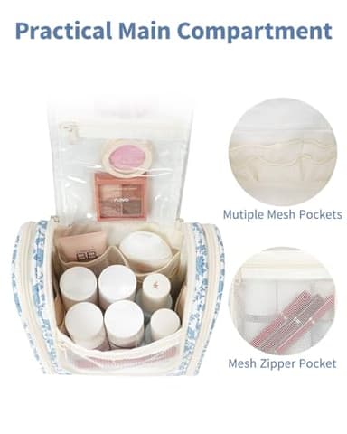 Narwey Hanging Toiletry Bag Women Travel Makeup Bag Organizer Toiletries Bag for Travel Size Essentials Accessories Cosmetics (Medium,Little Blue Flower) - Image 3