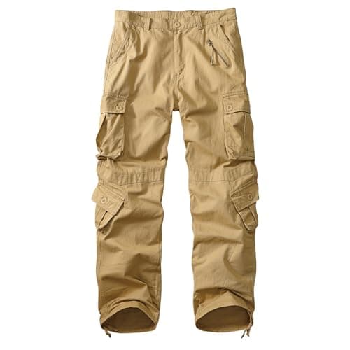 XNMAYA Men's Classic Casual Pants Heavy Cotton Cargo Work Trousers Military Army Combat Hiking Pant Multi Pockets Khaki 42 - Image 1