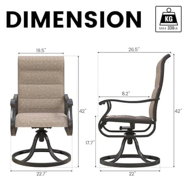 VONZOY Patio Swivel Chairs Set of 2, Outdoor Dining Chairs with High Back, All-Weather Swivel Rocker Chair for Lawn, Porch or Garden (Padded Brown) - Image 3