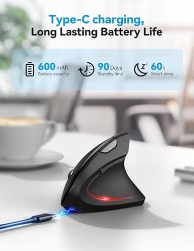 TECKNET Ergonomic Mouse, Rechargeable 2.4G+Bluetooth Vertical Mice 6 DPI Adjustable, Wireless Optical Carpal Tunnel Mouse for Right Hand, Silent 6 Buttons for Laptop, PC, MacBook, iPad - Black - Image 4