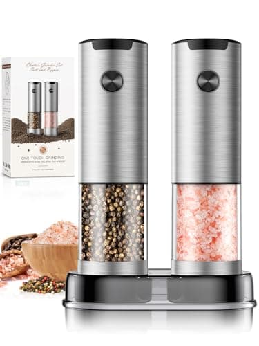 Stainless Steel Electric Salt and Pepper Grinder Set-One-Touch Battery Operated Mill with Adjustable Coarseness & LED Light, Sleek & Durable Grinder for Kitchen New Home Gift Ideas (2 Pack) - Image 1