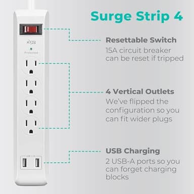 KMC 4-Outlet Surge Protector Power Strip with USB Ports, 2 USB-A, Power Strip Surge Protector, 600J Surge Protection, 2ft Extension Cord, 3-Prong Grounded Plug, UL/ETL Certified, White - Image 2