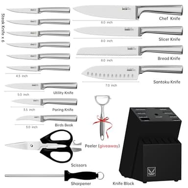 Knife Set, 16 Pieces Kitchen Knife Set with Wood Block, Chef Knife with 6 Pieces Steak Knife, High Carbon Stainless Steel Japanese Knives for Multipurpose Cooking - Image 2
