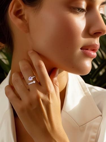 Silvora 925 Sterling Silver Heart Birthstone Adjustable Open Ring Dainty Birthstone Ring Birthstone Gemstone Rings Birthday Gift for Women - Image 2
