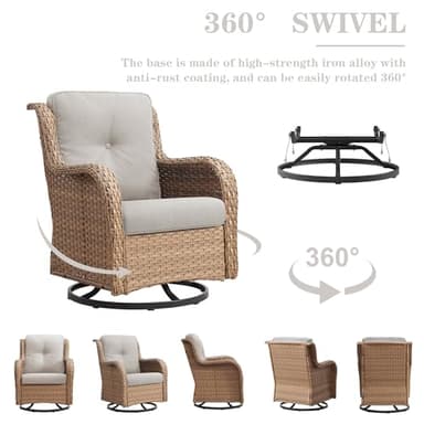 Belord Wicker Outdoor Furniture Patio Furniture Set - 6 Piece Patio Conversation Set with Swivel Rocker Chairs, Rattan Sofa, Ottomans and Coffee Table, Beige Cushion - Image 3