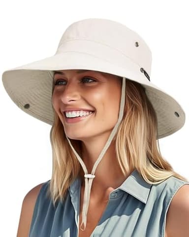 FURTALK Sun Hats for Women Ponytail UPF 50+ Beach Summer Hat Wide Brim Packable Cowboy Hat Beige - Image 1