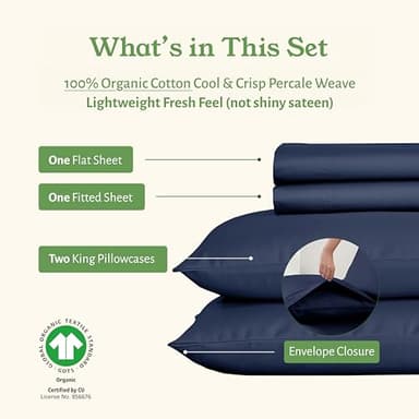 California Design Den California King Sheet Set - Soft 100% Organic Bed Sheets with Deep Pockets, Crisp Percale, Breathable and Durable Bedding Set - Navy Blue - Image 3