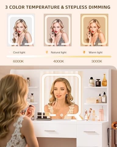 LIVELYGLOW Large Makeup Vanity Desk, 43.3”W x 15.7“D x 53.2”H, White (Large Desktop, Samrt LED Mirror, 4 Open Shelves, 7 Drawers, Hairdryer Rack, Power-Outlet, No Cushion Stool Included) - Image 3