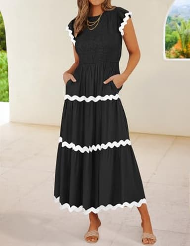 ZESICA Women's Summer Flutter Short Sleeve Smocked Midi Dress Casual High Waist Rickrack Tiered Flowy Dresses,Black,Medium - Image 2