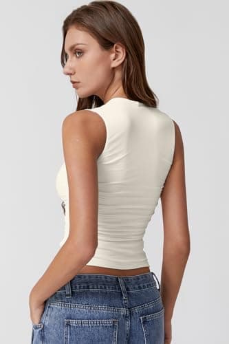 QINSEN Square Neck Tops for Women Summer Side Ruched Double Lined Slim Fit Going Out Crop Top Beige S - Image 2