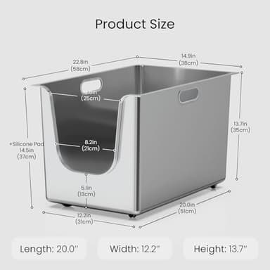 Stainless Steel Litter Box 13.7'' High Sides, XL Metal Cat Litter Box with Curved Low Entry, Cat Litter Pan for Big & Multiple Cats, Pet Toliet with Handy Wheels for Easy Moving - Image 2