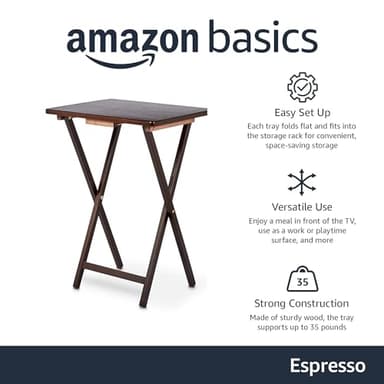Amazon Basics Classic Foldable TV Dinner Tray Table with Storage Rack, 14.6 L x 19 W x 26 H inch, Espresso, 4-Pack - Image 3