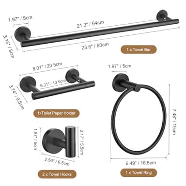 TURS Matte Black 5 Piece Bathroom Hardware Set, SUS304 Stainless Steel Bath Towel Bar Set, 24 Inch Round Bathroom Accessories Kit Wall Mounted - Image 7