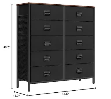 SONGMICS Dresser for Bedroom, Fabric Dresser with 10 Drawers, Storage Organizer Unit with Fabric Drawers, Chest of Drawers, Steel Frame, for Living Room, Entryway, Rustic Brown and Black ULTS225B01 - Image 9