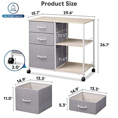 DEVAISE 3 Drawer Mobile File Cabinet, Rolling Printer Stand with Open Storage Shelf, Fabric Lateral Filing Cabinet fits A4 or Letter Size for Home Office, Light Grey - Image 3