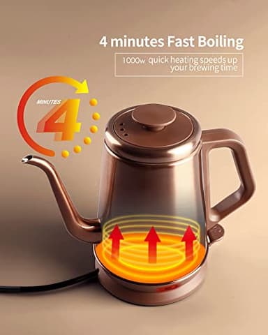 DmofwHi 1000W Gooseneck Electric Kettle (1.0L),100% Stainless Steel BPA Free Tea Kettle with Auto Shut - Off Protection, Pour Over Coffee Kettle -Copper - Image 4