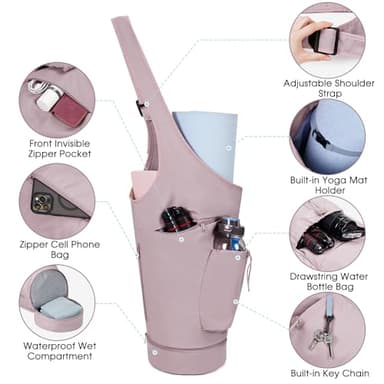 sportsnew Yoga Mat Bag, Large Opening Long Tote Yoga Mat Carrier Holder Bag with Waterproof Wet Pocket and Drawstring Water Bottle Pocket, Adjustable Shoulder Strap Storage Bag, Pink, patent pending - Image 4