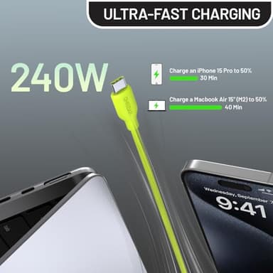 USB C to USB C Cable, 240W USB C Charger Cable Fast Charging for iPhone 16/15 iPad MacBook, Flow Silicone USB Type C Charger Cord for Galaxy S24 Pixel 9 Tablet Laptop JBL Switch GoPro (6FT,Lime Green) - Image 3