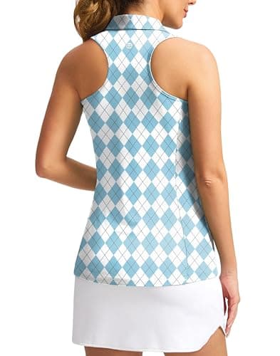 Women's Sleeveless Golf Shirt Zip Up Quick Dry Collared Tank Tops Racerback Tennis Athletic Polo Shirts for Women(Blue Plaid,XXL) - Image 1