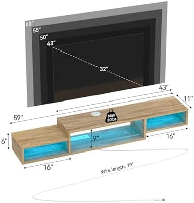 FABATO 59'' Floating TV Stand with LED Light Power Outlet, Floating Shelf for Under TV Wall Mount with Storage Shelf, Media Console Entertainment Center for Living Room, Natural Oak - Image 2