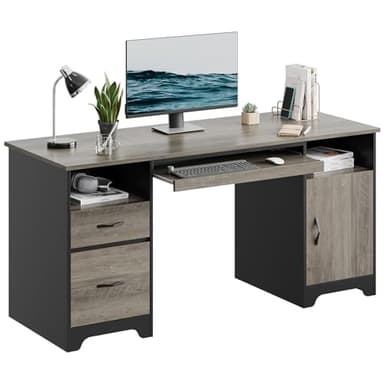Bestier 59” Executive Desk with 2 Drawers, Computer Desk with Storage Cabinet, Industrial Wood Desk with File Drawer, Keyboard Tray & 2 Pedestals for Home Office & Studio, Gray - Image 9