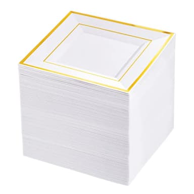 bUCLA 100PCS Gold Square Plastic Plates - 6inch Disposable Dessert/Cake Plates - Premium Hard Square Small Appetizer Plates for Wedding&Party - Image 1