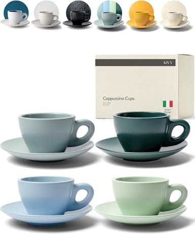 KIVY Cappuccino cups set of 4 [8oz] - Thick-walled stoneware cappuccino cup set for latte art - Cappuccino coffee cups - Tazas de cafe - Latte cups - Latte art cup and saucer set of 4 - Green, Blue - Image 1