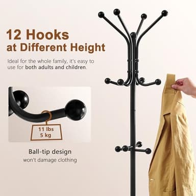 Hoctieon Coat Rack Freestanding, Coat Tree with Umbrella Holder, Metal Coat Rack Stand with 12 Hooks, Standing Coat Hanger Stand, Umbrella Stand for Entryway, Hat Rack Stand for Home Office, Black - Image 5