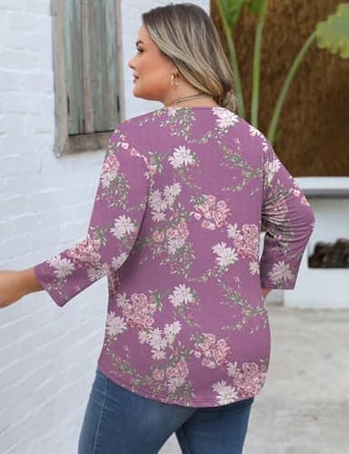 Romanstii Womens Floral Plus Size Shirts 4X 3/4 Sleeve Tops V Neck Summer Tee Loose Spring Blouse Mauve Print 3XL - Image 3
